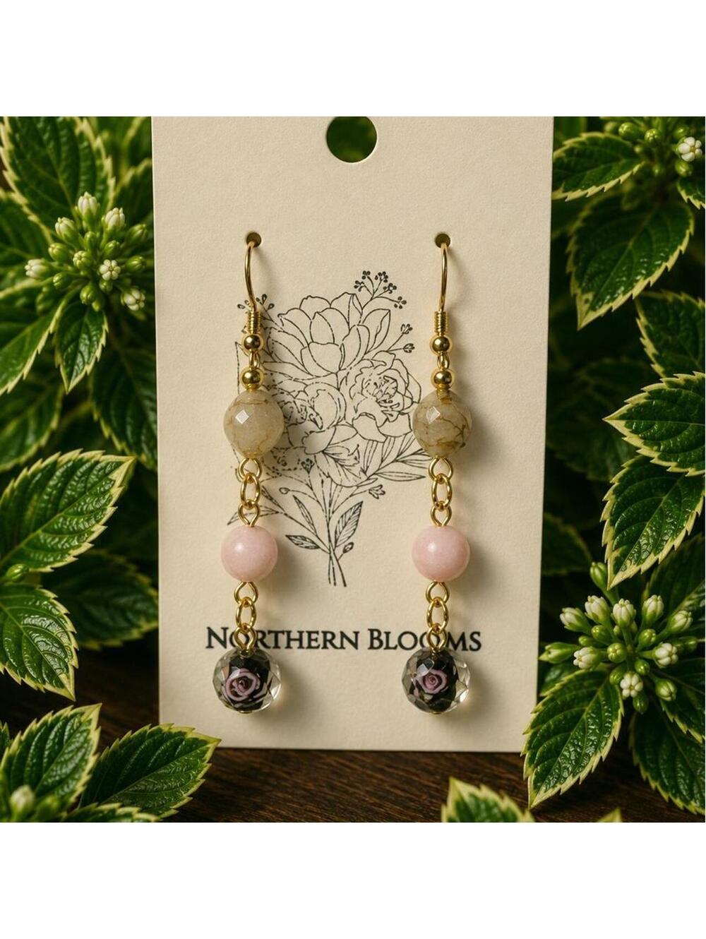 Pink and Clear Beaded Earrings with black Floral accent beads
